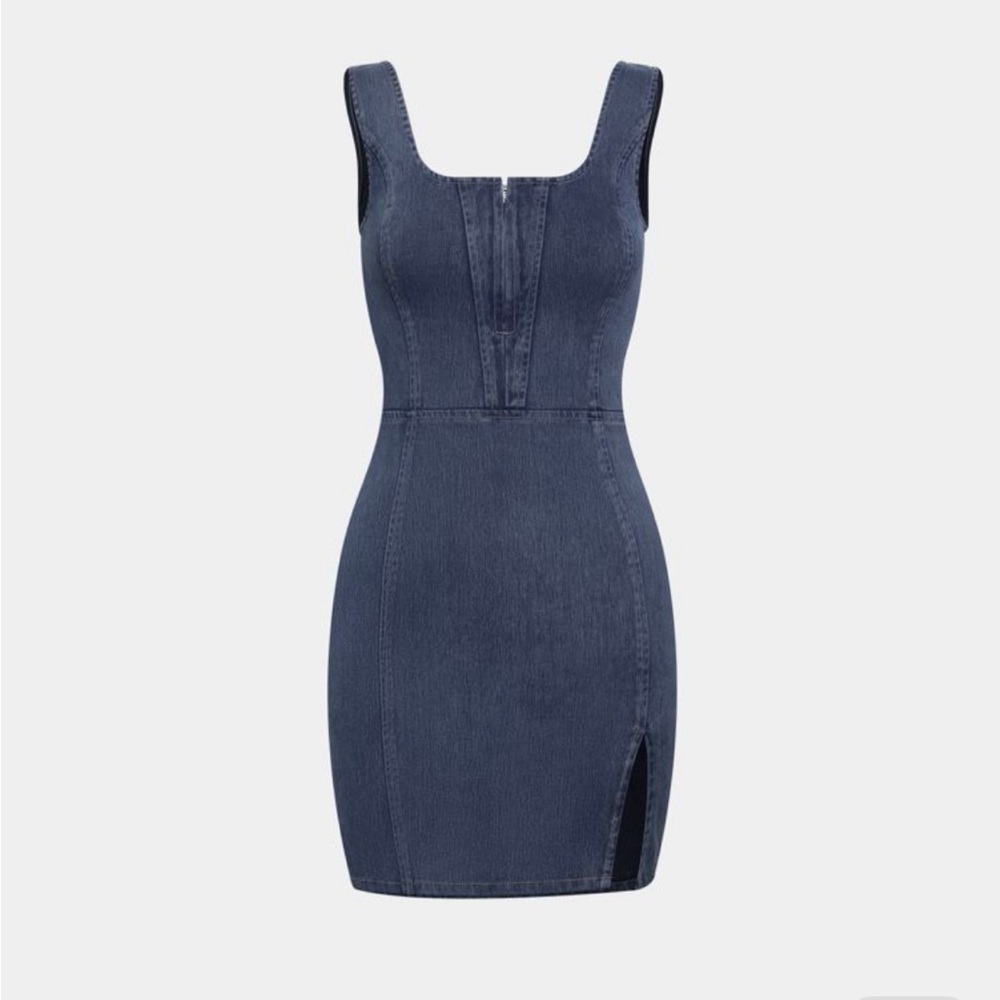 Half Zip Sleeveless Split Hem stretchy Denim Mini Dress (S)